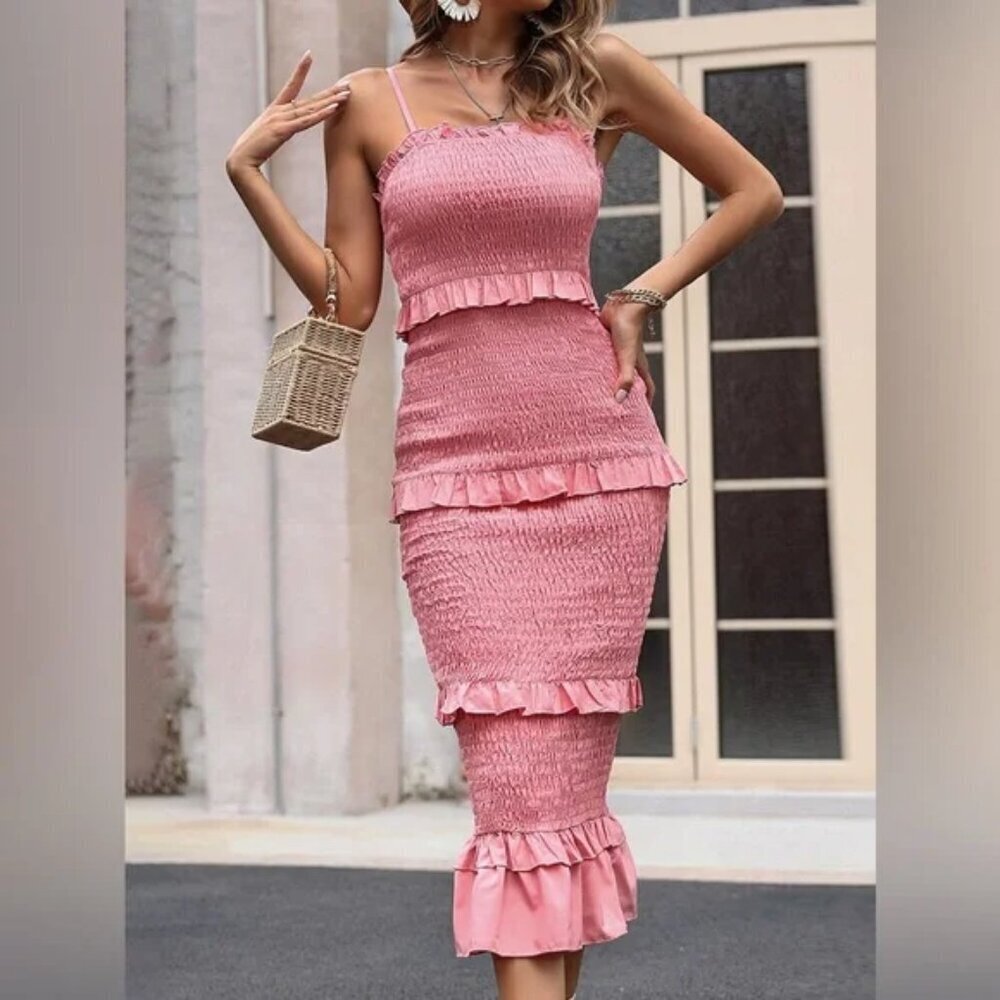 Mable Satin Smocked Fitted Ruffled Midi Dress Mauve Size Small